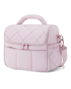 Detail view of quilted waterproof lunch bag with reinforced handle and adjustable shoulder strap