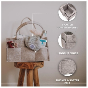 Large gray felt diaper caddy with eight external pockets for nursery and travel storage