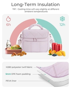 Detail of pink quilted lunch bag showing waterproof layers and thermal insulation materials