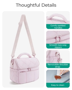 Close-up of quilted lunch bag details with durable handles and smooth double zippers
