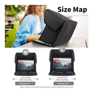 Size chart showing M and L foldable laptop sun shade dimensions for 14 to 16 inch devices