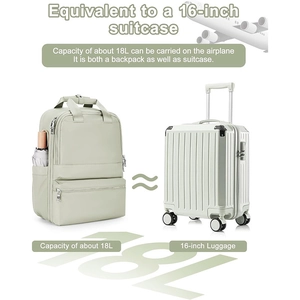 Mint green 18L travel backpack compared to a 16-inch carry-on suitcase for capacity