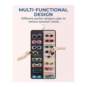 Dual-sided hanging sunglasses organizer with 16 transparent slots and metal swivel hook