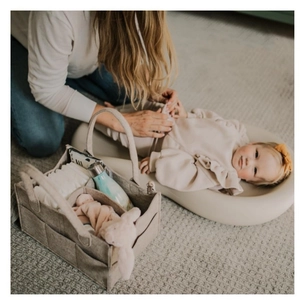 Large gray felt diaper caddy bag with sturdy handles and multi-compartment storage