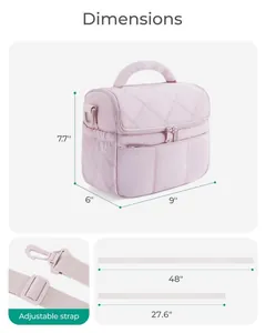 Detailed size chart showing dimensions for the quilted insulated lunch bag and strap