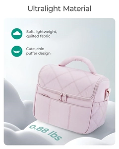 Detail view of pink quilted lunch bag showing ultra-light fabric and soft puffer texture