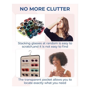 Hanging sunglasses organizer with clear pockets and vertical space-saving storage design