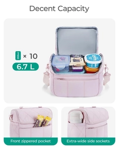 Detail showing 6.7L large capacity quilted lunch bag holding ten 355ml cans and side pockets
