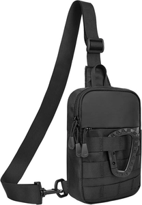 Tactical black nylon crossbody bag featuring MOLLE webbing system and a D-ring buckle