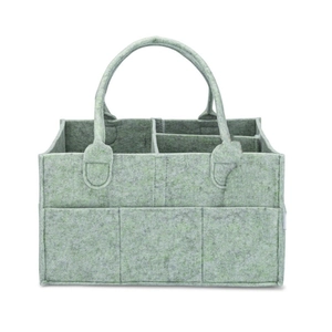 Close-up of felt diaper caddy with dividers and side pockets for baby organization