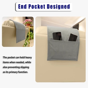 Grey velvet armrest organizer with dual pockets for mobile phones and non-slip base
