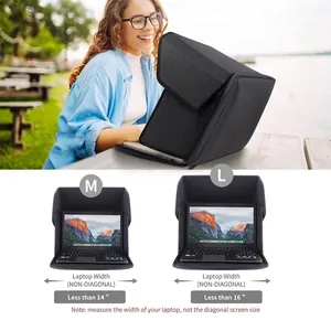 Foldable laptop sun shade and privacy hood with size map for 14 and 16 inch devices