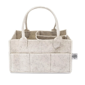 Close-up of felt diaper caddy featuring internal dividers and sturdy carry handles