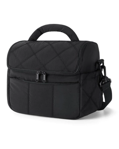 Close-up of black quilted insulated lunch bag with durable zippers and shoulder strap