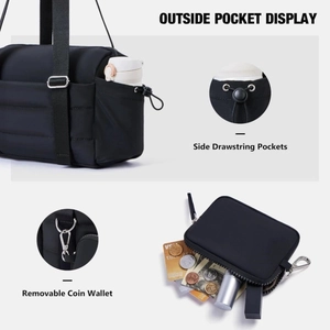 Quilted black travel duffel bag with drawstring side pocket and detachable coin purse