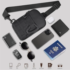 Macro view of tactical black nylon chest bag showing MOLLE system and D-ring storage capacity