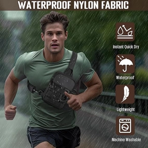 Waterproof tactical chest bag in black nylon with MOLLE system and rain simulation view