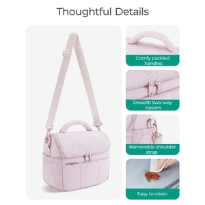 Quilted pink insulated lunch bag with reinforced handle and adjustable shoulder strap