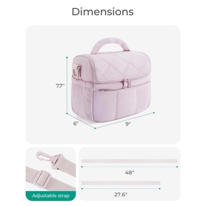 Quilted light pink insulated lunch bag with adjustable strap and dual zipper closure