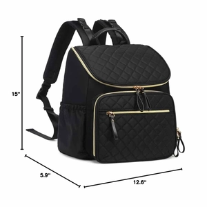 Dimensions détaillées du sac à dos à langer matelassé noir avec fermetures dorées