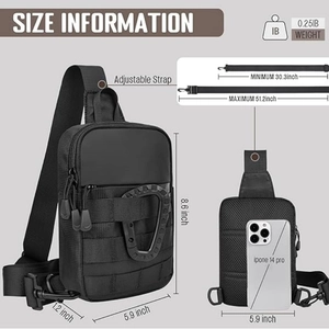 Tactical black nylon chest bag with MOLLE system and adjustable strap dimensions