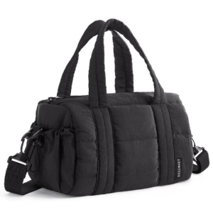 Macro shot of black quilted fabric texture and side pocket on this crossbody gym bag