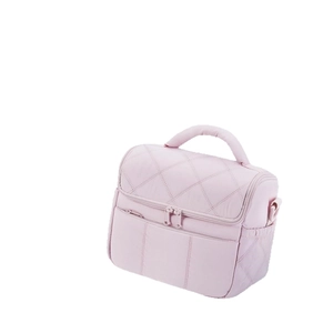 Pink quilted insulated lunch bag for women featuring waterproof fabric and side pockets