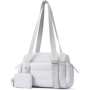 Quilted light grey nylon gym bag detail with matching small pouch and shoulder straps