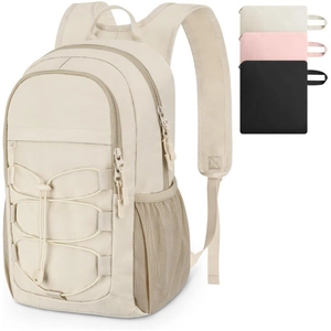 Lightweight 15L hiking backpack in beige with drawstring design and storage pouches