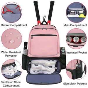 Zaino sportivo rosa capiente con scomparto per racchetta e tasca separata per scarpe