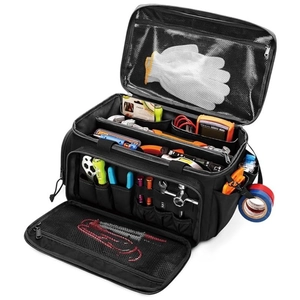 Black multifunctional heavy-duty oxford tool organizer bag with multiple compartments