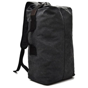 Detail of charcoal grey canvas sports backpack with side handle and adjustable straps
