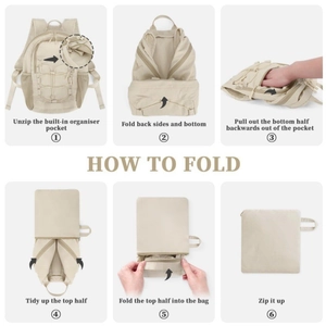 Lightweight 15L foldable hiking backpack shown in six easy steps to fold into a compact pouch