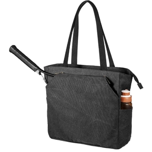 Detail of black sports tote bag featuring racket compartment and side water bottle pocket