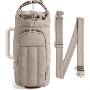 Quilted Water Bottle Carrier Bag With Adjustable Shoulder Strap Portable Bottle Sleeve With Zipper Pocket For Outdoor Travel