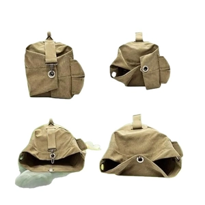 Large khaki canvas travel backpack for men shown from multiple angles and details