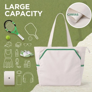 Ivory canvas tennis tote bag with green trim featuring large capacity for rackets