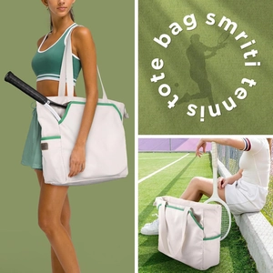 Detail view of off-white tennis tote bag with racket compartment and side pocket storage
