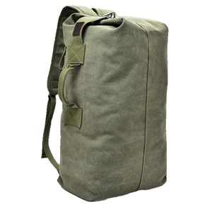 Large military green canvas travel backpack with top fold closure and wide straps
