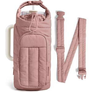 Quilted water bottle carrier in dusty rose with adjustable strap and front zipper pocket