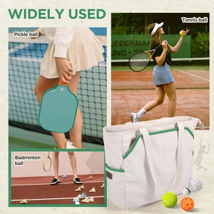Versatile off-white sports tote bag showing usage for tennis, badminton, and pickleball rackets