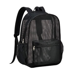 Close-up of black heavy-duty mesh backpack with breathable padded straps and front zipper