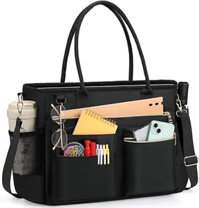 Detailed view of black nylon laptop bag showing multiple pockets for stationery and office tools
