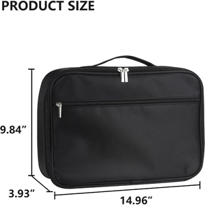 Portable enamel pin storage case with durable black fabric and handle, showing product size