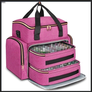 Double-layer pink nail polish organizer bag with large capacity and mesh pockets