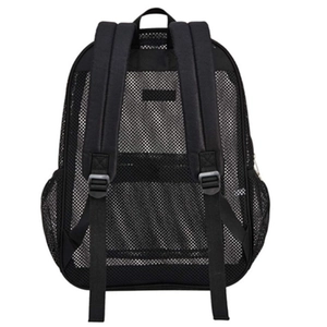 Detail view of breathable black mesh backpack featuring adjustable padded shoulder straps