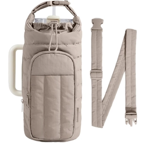 Quilted water bottle pouch with adjustable shoulder strap and front phone pocket