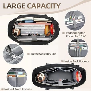 Black laptop tote bag for women with large capacity and organized interior pockets