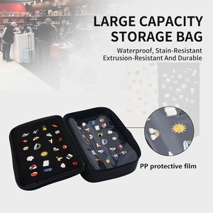Black felt pin display case for enamel badges with zip closure and protective film