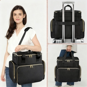 Portable double-layer nail polish organizer bag with gold zippers and luggage strap